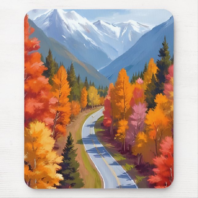 Mousepad Autumn Road | Fall Foliage Watercolor Nature (Frente)