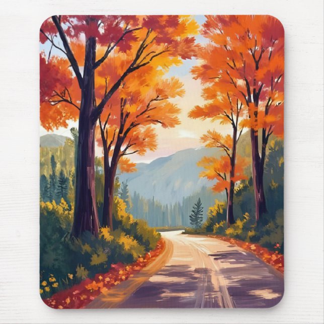 Mousepad Autumn Road | Watercolor Fall Foliage Leaves (Frente)
