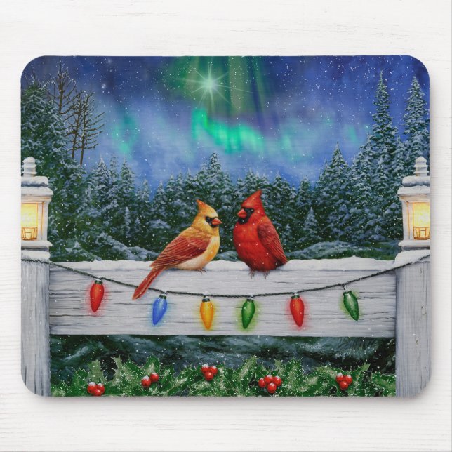 Mousepad Aves Cardinais e Luzes de Natal (Frente)