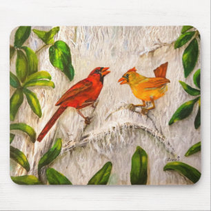 Mousepad Aves cardinas vermelhas e laranja