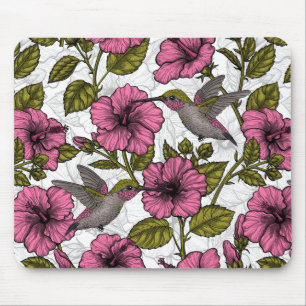 Mousepad Aves de capoeira e flores de hibisco rosa