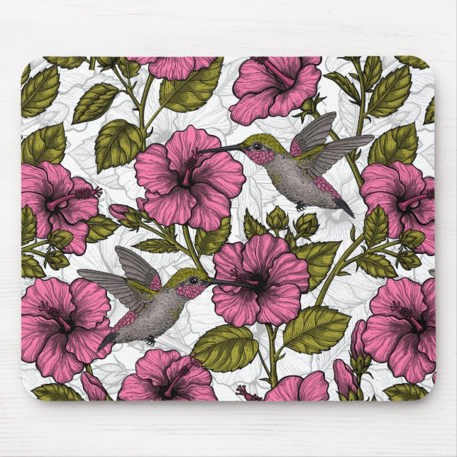 Mousepad Aves de capoeira e flores de hibisco rosa (Frente)