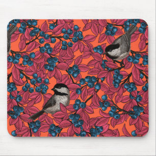 Mousepad Aves de frango em ramos de mirtilo em laranja