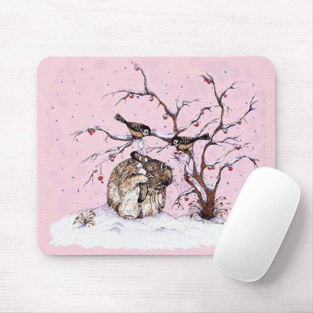 Mousepad Aves de Neve e Coelho (Com mouse)