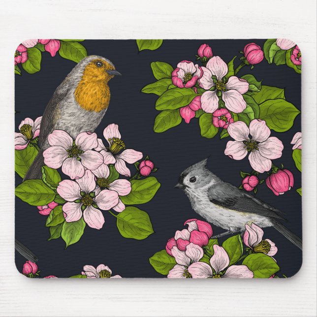 Mousepad Aves e Blossomas em preto (Frente)