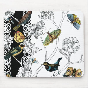 Mousepad Aves e Borboleta sobre fundo preto-e-branco