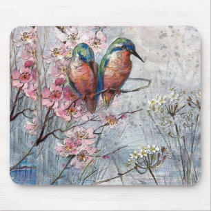 Mousepad Aves e Flores Azuis bonito Pintadas