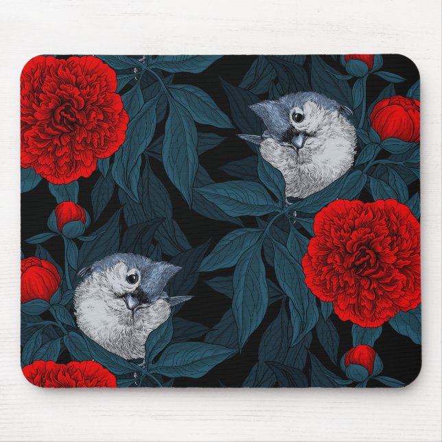 Mousepad Aves e flores vermelhas de pénia com folhas azuis (Frente)