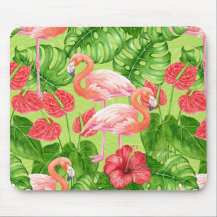 Mousepad Aves Flamingo e plantas tropicais
