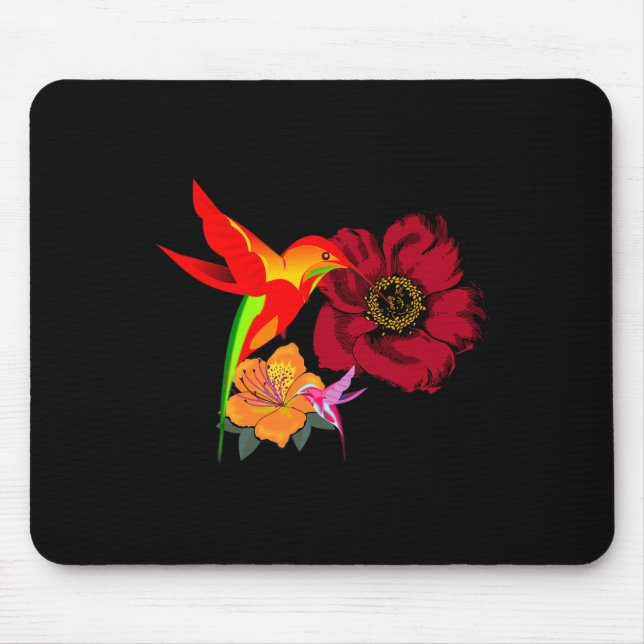 Mousepad Aves Hummingbird Alimentando-se de Flores Arte Grá (Frente)