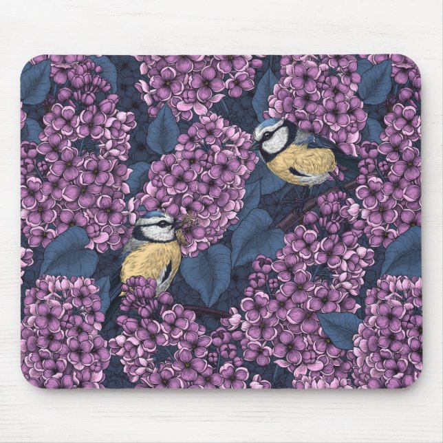 Mousepad Aves no jardim lilás violeta (Frente)