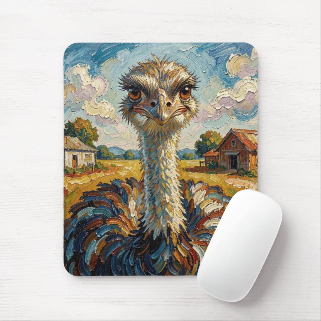Mousepad Avestruz engraçado com impasto em uma fazenda  (Com mouse)