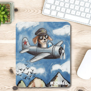Mousepad Avião de Cachorro Fofo, Montanhas Nuvens, Aviador