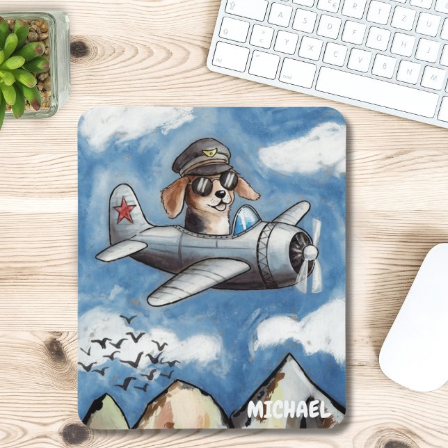 Mousepad Avião de Cachorro Fofo, Montanhas Nuvens, Aviador  (Criador carregado)
