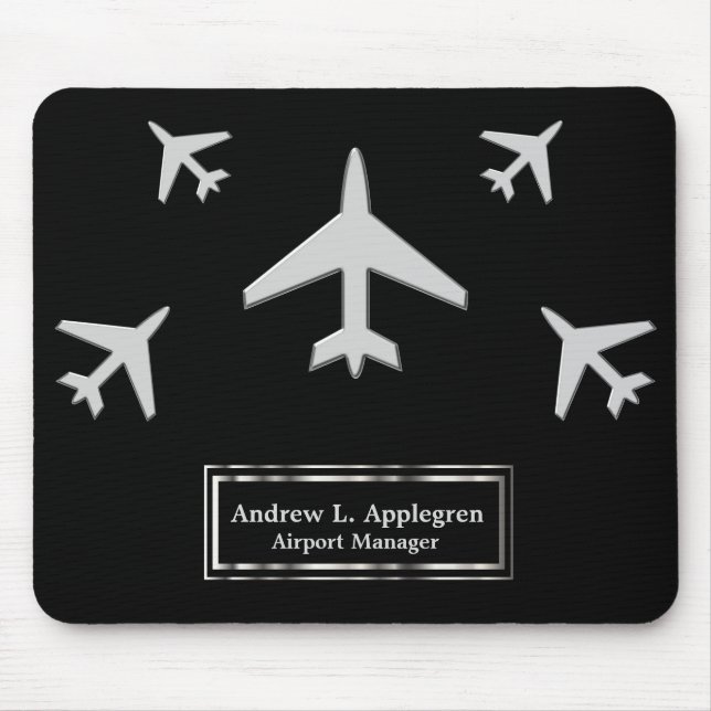 Mousepad Avião em prata falsa em preto (Frente)