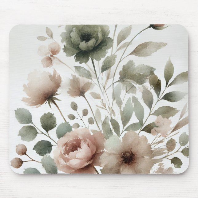 Mousepad Azeitona Dusty & Cor de Água Rosa Moderna Floral (Frente)