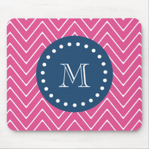 Mousepad Azuis marinhos, rosa quente Chevron seu