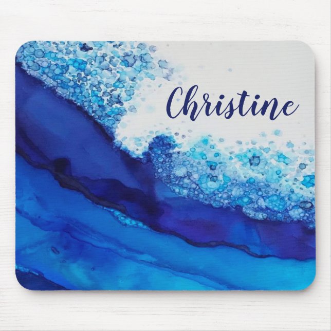 Mousepad Azul - Álcool Ink Moderno - Nome Elegante Simples (Frente)