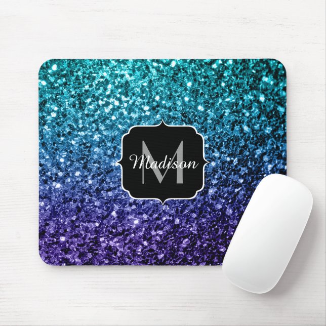 Mousepad Azul Aqua Ombre faux glitter farelos Monograma (Com mouse)