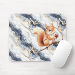 Mousepad Azul Branco Dourado Abstrato Esquilo Maçã