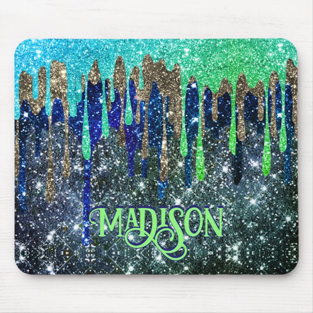 Mousepad Azul branco verde-brilhante Diminuição do monogram (Frente)