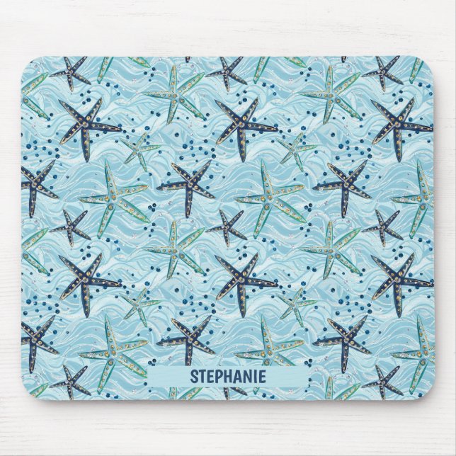 Mousepad Azul-claro e Starfish Dourado no padrão das ondas  (Frente)