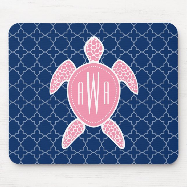 Mousepad Azul cor-de-rosa Monogrammed Quatrefoil da (Frente)