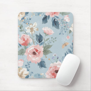 Mousepad Azul Desbotado Flores Aquarela Jardim Rosados Botõ
