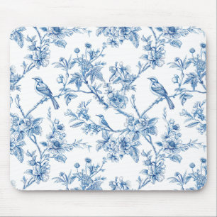 Mousepad Azul e Branco Chinoiserie Floral Aves