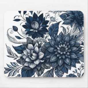Mousepad Azul e Branco Estampa Floral Boêmia