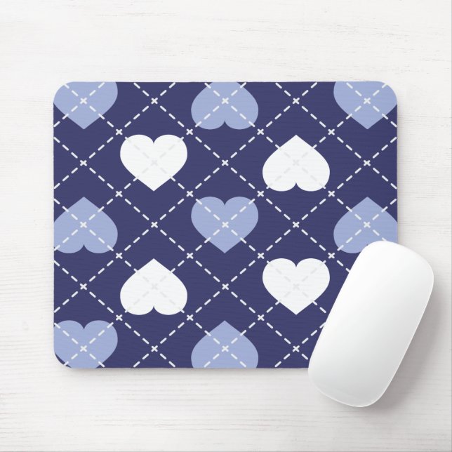 Mousepad Azul e Corações Brancos Argyle (Com mouse)