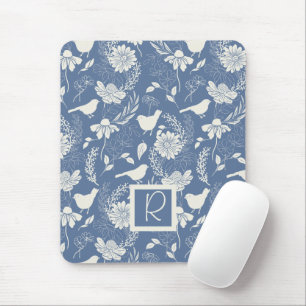 Mousepad Azul e Creme Monogramas e Flores