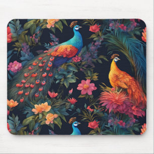 Mousepad Azul Elegante e Pavão Dourado no Jardim Colorido