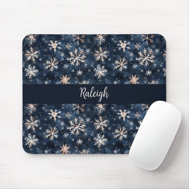 Mousepad Azul Escuro Simples com Flocos de Neve Personaliza (Com mouse)