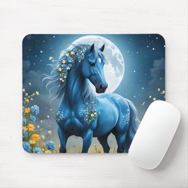 Mousepad Azul Fantasia Flores de Lua de Cavalo Mágico, (Com mouse)