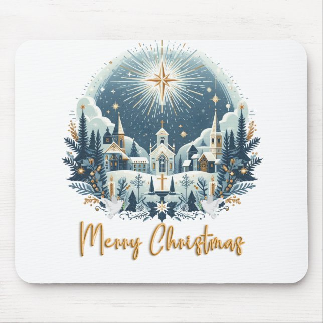 Mousepad Azul Feliz Natal e ouro (Frente)