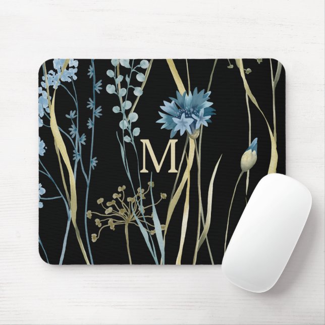 Mousepad Azul floral monograma e Dourado a preto (Com mouse)