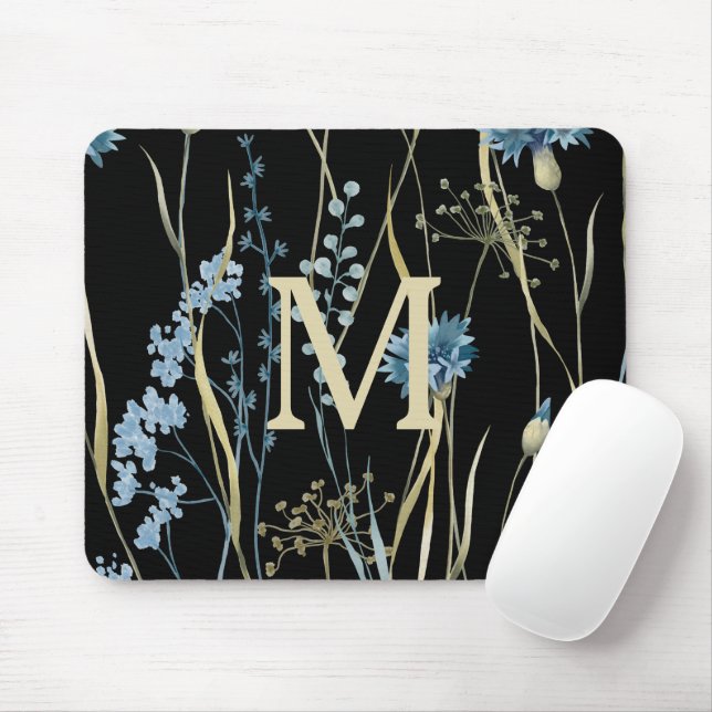 Mousepad Azul floral monograma e Dourado a preto (Com mouse)