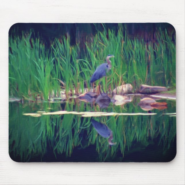 Mousepad Azul Heron Reflexões Arte Animal (Frente)