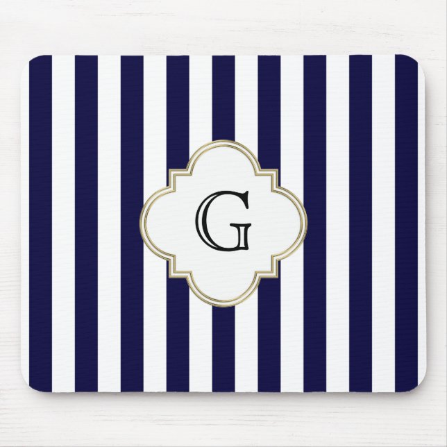 Mousepad Azul Marinho Branco Listra Média Etiqueta Monogram (Frente)