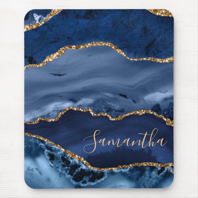 Mousepad Azul Marinho e Ágata de Mármore com Brilho de Ouro (Frente)