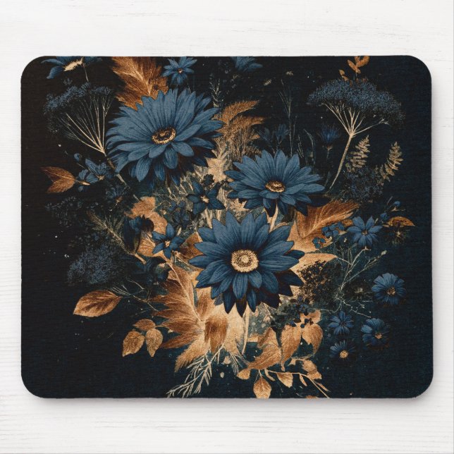 Mousepad Azul Marinho Escuro & Dourado Floral Rústico Glam  (Frente)