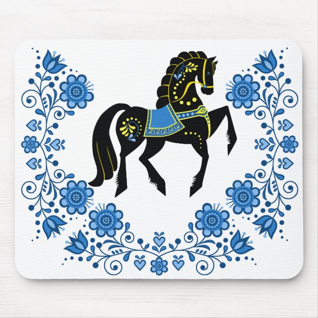 Mousepad Azul/ouro/garanhão preto do cavalo foliar da Frísi (Frente)