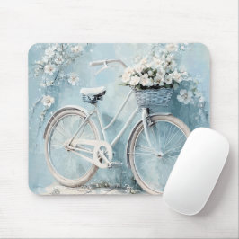 MOUSEPAD AZUL PASTEL COM FLORES BRANCAS E BICICLETA
