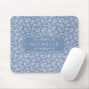 Mousepad Azul Pastel Suave e Branco Cinza Padrão Floral Boh