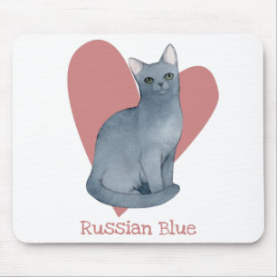 Mousepad Azul Russo, Gatinho de Aquarela, Coração Rosa