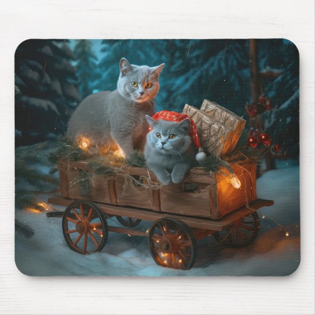 Mousepad Azul Russo Gato Snowy Sleigh Decência de Natal (Frente)