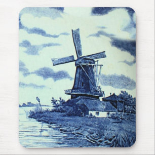 Mousepad Azulejo azul antigo de Delft do vintage - moinho