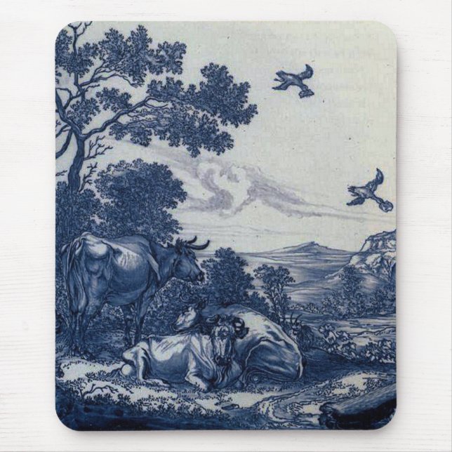 Mousepad Azulejo azul antigo de Delft - gado e pássaros (Frente)