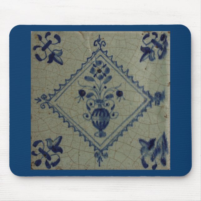 Mousepad Azulejo Azul Delft - Vaso com Flores e Buquê (Frente)